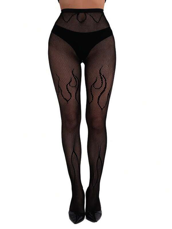 1pc Women's Curve Tights, High Stretch Skinny Pants, Flame Jacquard Fishnet Hollow Mesh Sexy Pantyhose, Thin Mesh Black Stockings, Y2K Tights, Fashion Versatile, Suitable For Halloween