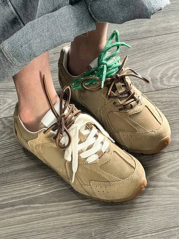 4pcs Unisex Brown & Beige Flat Round Shoelaces, Retro Contrast Color Casual Laces Suitable For Sneakers, Sports Shoes, Casual Shoes, Chunky Sneakers