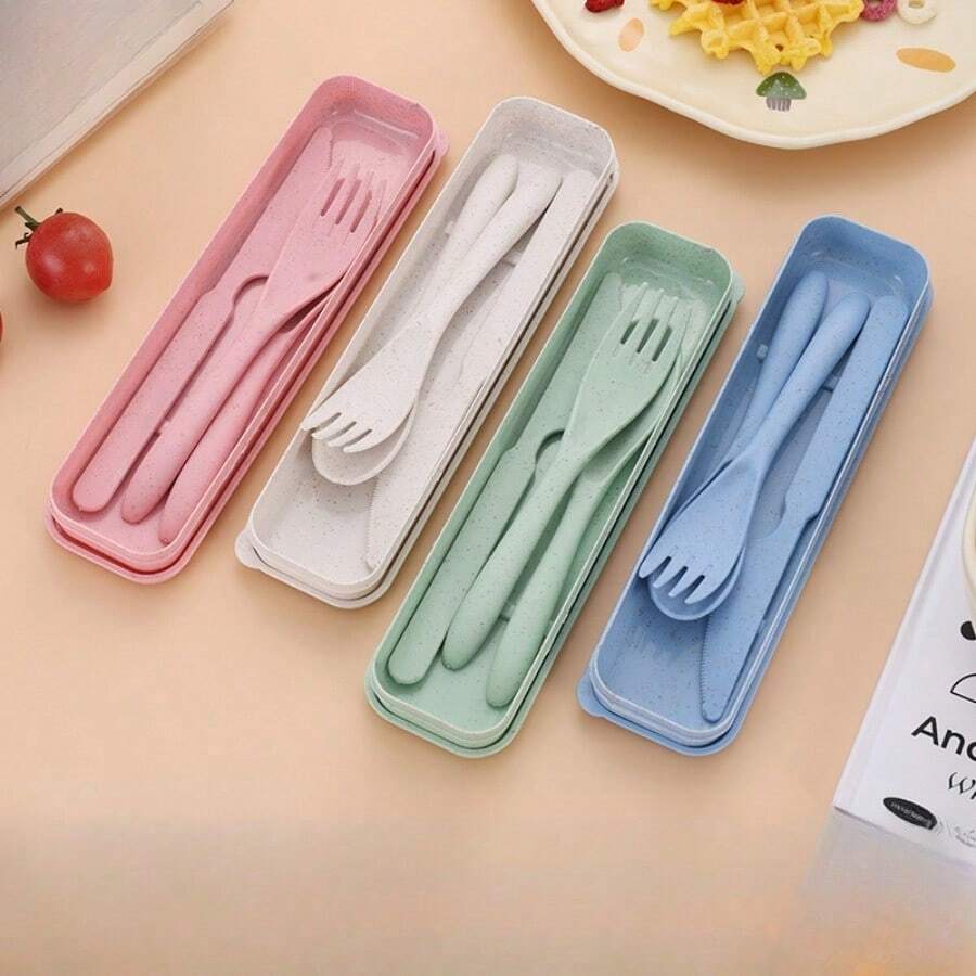 Wheat Straw Utensil Set, 3-Piece Fork Knife Spoon, Portable Travel Cutlery For Camping, Office,  Friendly Reusable - Multicolor - View 1