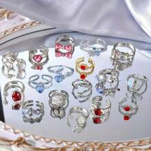 10枚/套 优雅时尚粉色水晶戒指，蝴蝶和心形，浪漫约会，情人节礼物，日常配饰