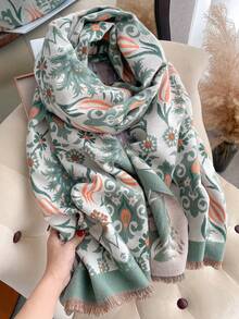 1 buah Syal/Selendang Hangat Rajut Jacquard Motif Bunga Bahan Kasmir Imitasi untuk Wanita, Aksesori Fesyen Serbaguna untuk Musim Gugur/Musim Dingin, Cocok untuk Dekorasi Gaun - Lily Hijau - View 2