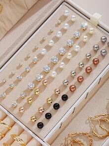 108pcs Simple Faux Pearl & Rhinestone Metal Geometric Stud Earrings & Hoop Earrings Set, Gift For Women, Suitable For Vacation, Date, Daily Casual, Wedding Matching - Vàng - Xem 6