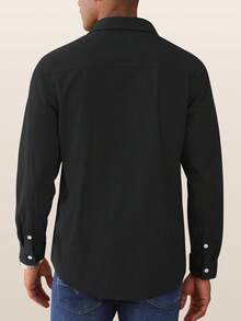 Men's Corduroy Button-Up Shirt Jacket Long Sleeve Lightweight Outwears Solid Casual Shacket With 2 Flap Pockets, Black - Black - View 3