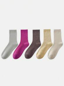 1/3/5 Pairs Women Metallic Thread Mid-Calf Socks, Breathable & Moisture-Wicking, Spring & Autumn