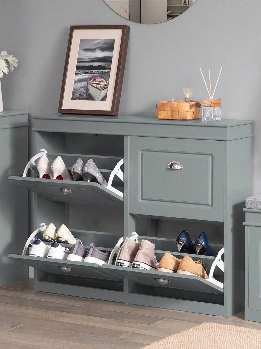 SoBuy Shoe Cabinet With 4 Flaps, Shoe Rack, Shoe Tipper With 8 Storage Compartments, Shoe Chest, Shoe Storage, White, BHT Approx. 105x82x24cm, FSR79-W - 灰色 - 查看 1