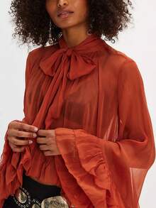 Women's Ruffled Tops Bow Tie Design Long Sleeve Peplum Lace Trim Chiffon Shirt Sheer V Neck Boho Ruffle Beach Blouse - 紅色 - 查看 2