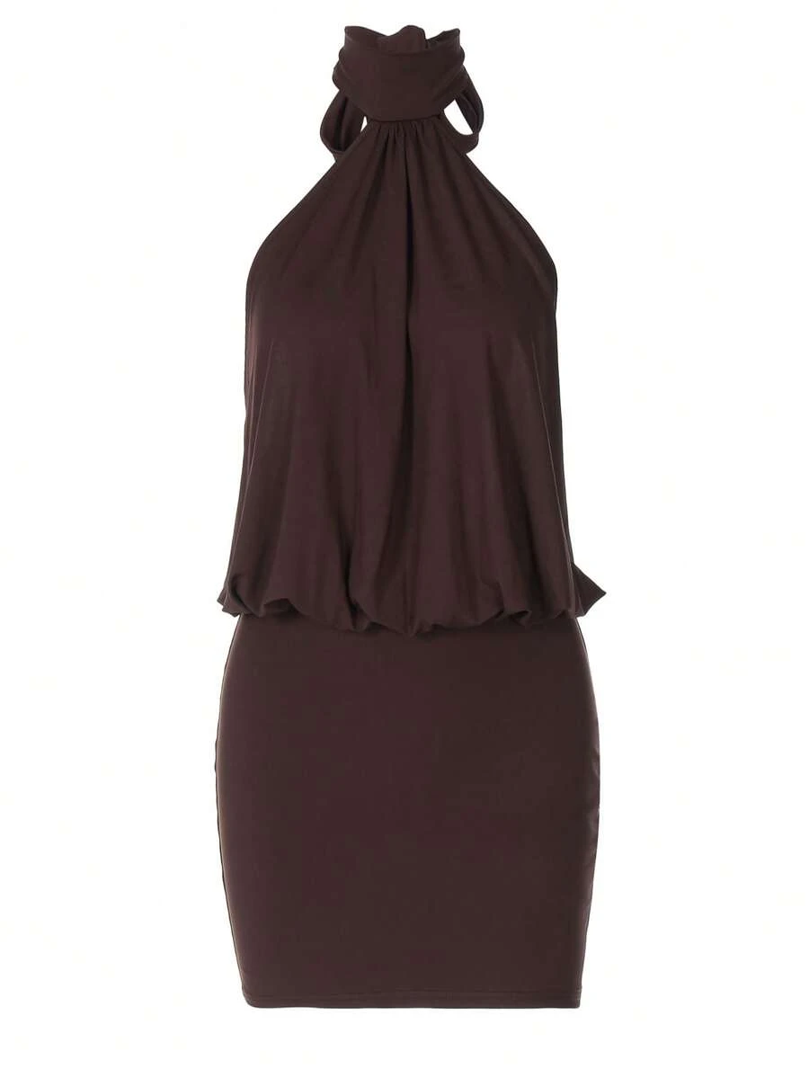 VIBECORE Women's Sexy Backless Spaghetti Strap Ruched Party Club Holiday Night Out Brown Dress - Brown - View 1