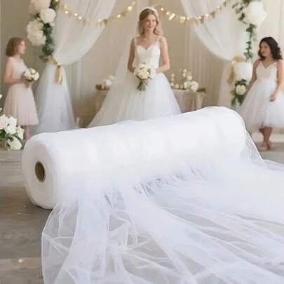 1 Roll, 30m/16m Extra Long White Embroidered Silk-Like Fabric - High Elasticity Sheer Curtain, Suitable For DIY Wedding Scenes, Birthday Decoration, Walkway Decor, Chair Back Decor, Arch Decor, Stage Decor, Ceiling Decor - Home And Room Decoration, Birthday And Anniversary Party Decoration