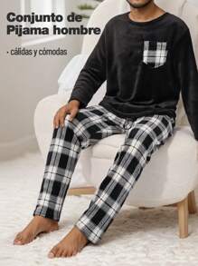 Pijamas Invierno para Hombre, Conjunto de 2 Piezas de Manga Larga y Pantalones Confort y Estilo - Blanco y Negro - Ver 3