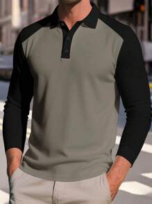 Men's Turn Down Collar T Shirts Fashionable Contrast Color Long Sleeve Tops For Business Daily