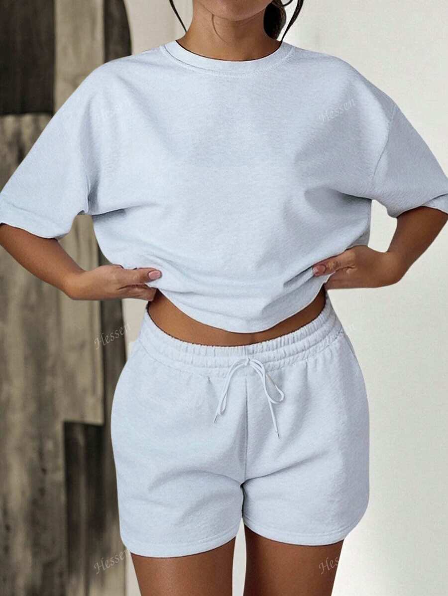 2pcs/Set Women Casual Solid Color Round Neck Short Sleeve T-Shirt And Shorts, Loose Fit