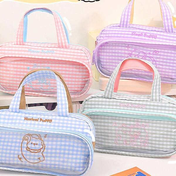 Fashionable & Cute Plaid Cartoon Embroidered Tote Bag