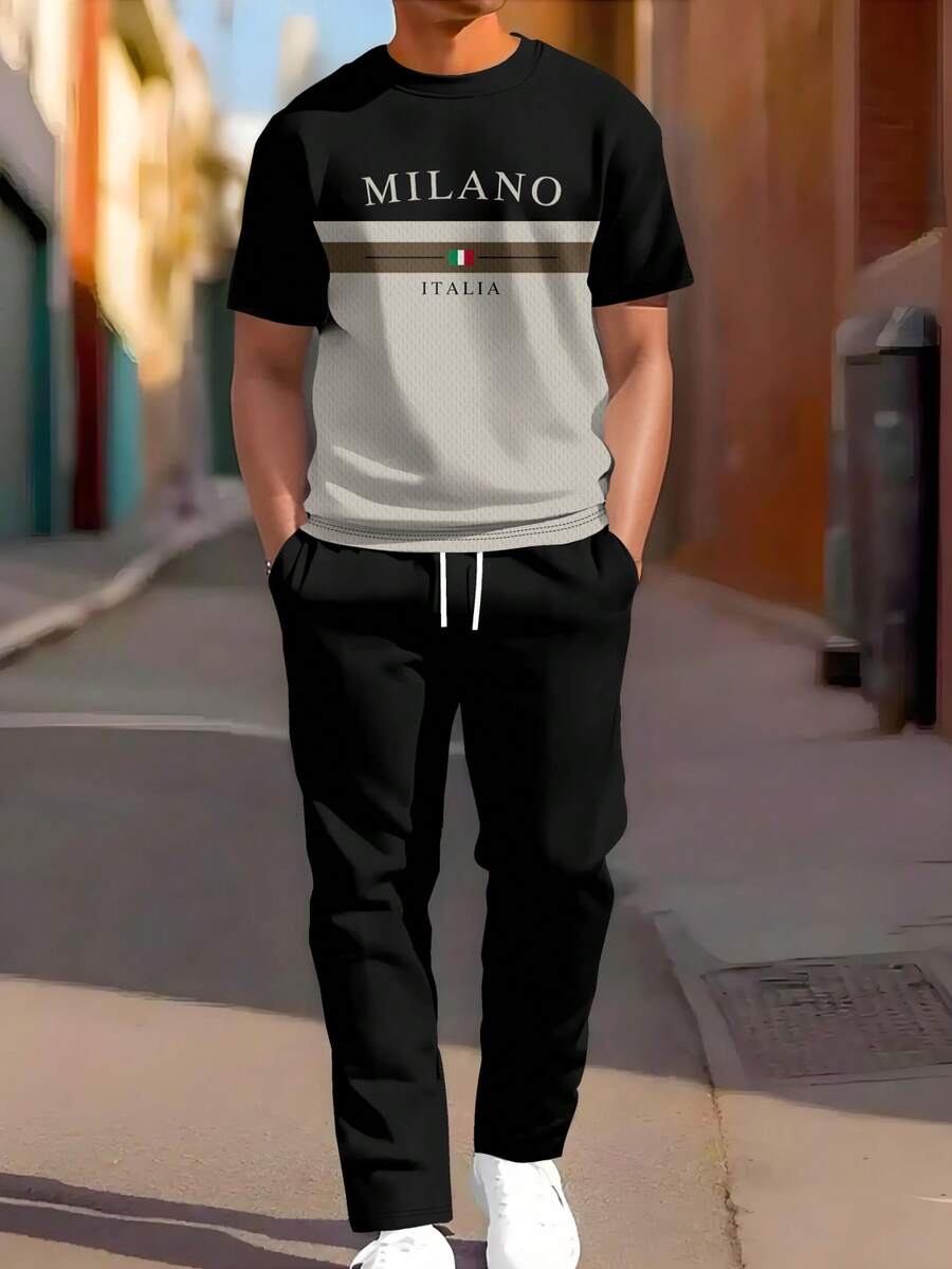 2 件男士运动服，透气舒适，优质面料超柔软渐变休闲圆领短袖上衣和慢跑裤套装，流行服装 - 黑色 - 查看 1