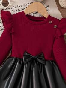 Set di abito a blocchi di colore in maglia a righe con spalla scoperta, maniche lunghe, collo rotondo, fiocco, patchwork in finta pelle, orlo a-line, adatto per uso quotidiano, casa, esterno, sport in primavera e autunno - Rosso e nero - Visualizzare 4