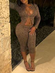 豹纹长袖上衣和紧身裤套装 - 棕色 - 查看 7