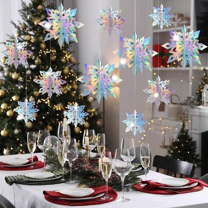 6PCS Christmas Hanging Snowflakes Decorations, 3D Holographic Paper Snowflakes Garland Hanging Iridescent Snow Flakes For Frozen Winter Wonderland Party Holiday New Year Home Decorations