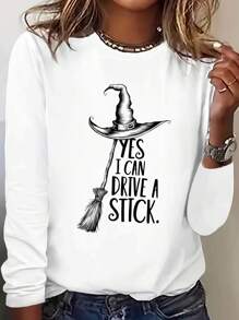 Halloween Ladies Casual Printed Long Sleeve T-Shirt-Soft Comfortable Fabric, Machine Washable Spring/Autumn Top, Street-Style Loose Style, Fashion Design, Breathable Material, Halloween Ladies Costume