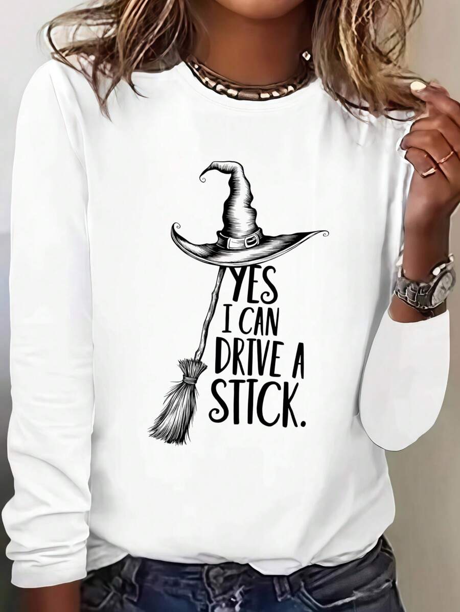 Halloween Ladies Casual Printed Long Sleeve T-Shirt-Soft Comfortable Fabric, Machine Washable Spring/Autumn Top, Street-Style Loose Style, Fashion Design, Breathable Material, Halloween Ladies Costume