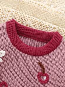 Baby Girls' Round Neck Long Sleeve Pullover Sweater, Cherry + Bow Embroidery, Fashionable And Sweet Style - Pink - View 8