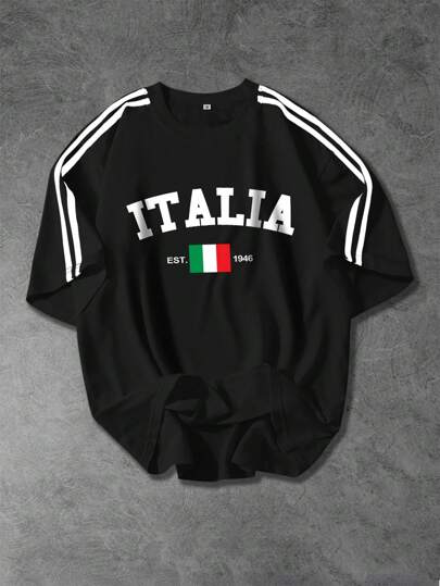 Shwiy Herr-T-shirt med italiensk text och nationalflagga, avslappnad stil, med kontrasterande svart band, sportig skolstil, lämplig för vår/sommar, vardag och streetwear, för skolstart
