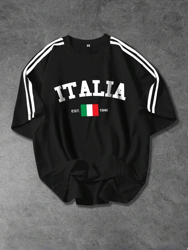 Shwiy Camiseta casual de hombre con texto en italiano y estampado de bandera nacional, con cinta negra contrastante, estilo deportivo escolar, adecuada para primavera/verano, uso diario y ropa urbana