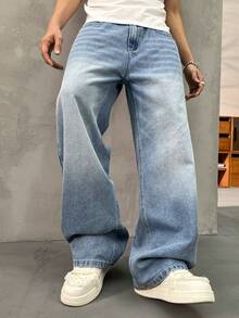 Autumn/Winter Thick Casual Loose Fit Men's Thermal Lined Jeans, Suitable For Everyday Wear - Light Wash - View 8