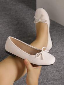 European & American Fashion Ballet Flats For Women, Woven Bow Round Toe Soft Leather Soft Sole Comfortable Slip-On Shoes