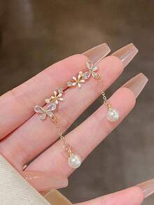 1pair Exquisite Stainless Steel Cubic Zirconia Butterfly & Faux Pearl Decor Drop Earrings For Women For Gift