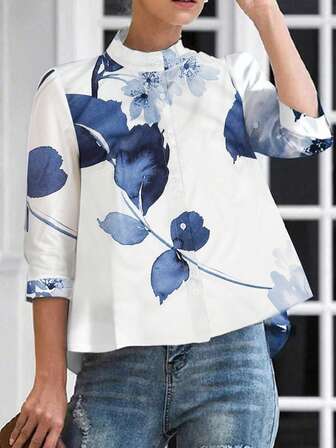 女士流行简约印花衬衫，加大码