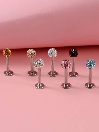 7pcs/set Perfect Piercing Rhinestone Decor Labret Lip Ring Stainless Steel For Women & Men No Piercing Needed Septum Body Jewelry