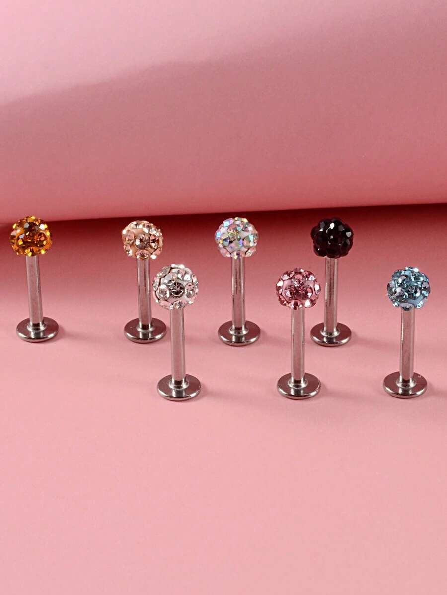 7pcs/set Perfect Piercing Rhinestone Decor Labret Lip Ring Stainless Steel For Women & Men No Piercing Needed Septum Body Jewelry - Multicolor - View 1