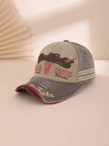 1pc Men's Color Block Embroidered Letter Distressed Washed Vintage Motorcycle Cap, Sun-Shading Fashion Baseball Hat, Streetwear Casual