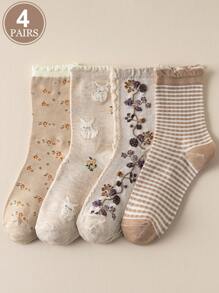 1/4 Pairs Beige Lace Ruffled Rabbit Print Stripe Pattern Breathable Cute Elastic Casual Student Moisture-Wicking Mid-Calf Socks For Women, Suitable For Easter, Fall