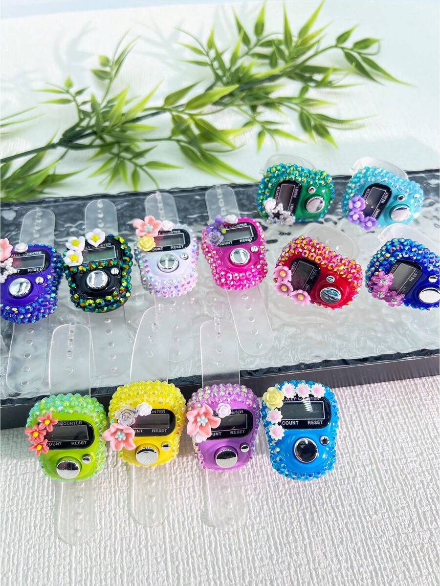12个装全新手指计数器，4层激光钻石花朵计数器，全覆盖花朵计数器，计数和装饰二合一功能 - 彩色 - 查看 1