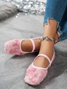2025年秋季大码女式方头蕾丝拼接玫瑰户外休闲派对透气镂空平底乐福鞋，百搭，芭蕾平底鞋，玛丽珍鞋 - 漸層粉紅色 - 查看 4
