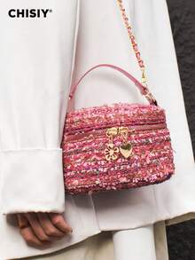 CHISIY Handmade Camouflage Military Green Drawstring Bucket Bag, Chain Shoulder Strap Crossbody Bag, Wild Girl Handbag, Zipper Closure Versatile Shoulder Bag, Suitable For Sexy Goddess, Can Be Used For Shopping, Parties, Gatherings, Campus, Gifts, Etc. - Rose Red - View 2