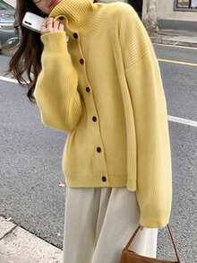 Women's Retro Style Loose Knit Cardigan For Autumn/Winter - Pear Yellow - View 3