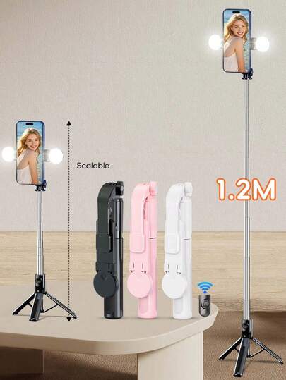 1.2m Wireless Bluetooth Selfie Stick Tripod, With LED Three-Color Multi-Speed Adjustable Fill Light, Multi-Functional Remote Control, Wireless Remote Control 360° Rotating Phone Stand,