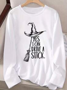 Halloween Ladies Casual Printed Long Sleeve T-Shirt-Soft Comfortable Fabric, Machine Washable Spring/Autumn Top, Street-Style Loose Style, Fashion Design, Breathable Material, Halloween Ladies Costume