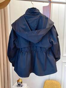 1pc Solid Color Woven Fabric Drawstring Pocket Front Button Trench Coat, Casual Spring/Autumn - Navy Blue - View 2