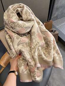 1 buah Syal/Selendang Hangat Rajut Jacquard Motif Bunga Bahan Kasmir Imitasi untuk Wanita, Aksesori Fesyen Serbaguna untuk Musim Gugur/Musim Dingin, Cocok untuk Dekorasi Gaun - Bunga Lili Khaki - View 5