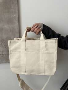 1 件大容量多口袋单肩包带隔层手提包耐用手柄米色多隔层手提包，多隔层妈咪包大容量外出帆布包手提包斜挎包手提包多隔层包 - 米色 - 查看 8