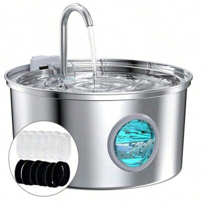 Dispensador de agua para gatos de acero inoxidable que incluye 6 filtros + 3 esponjas - Dispensador de agua para gatos de 3.2L - Dispensador de agua automático para gatos - Dispensador de agua silencioso para gatos - Mantiene el agua limpia