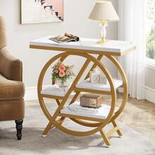 LITTLE TREE Industrial Side Table, 4-Tiered Faux Marble End Table With Storage, Narrow Wooden Sofa Coffee Table With Geometric Metal Frame, Modern Nightstand And Console Table For Living Room, Home Office, And Bedroom, Gold And White - 金色和白色 - 查看 1