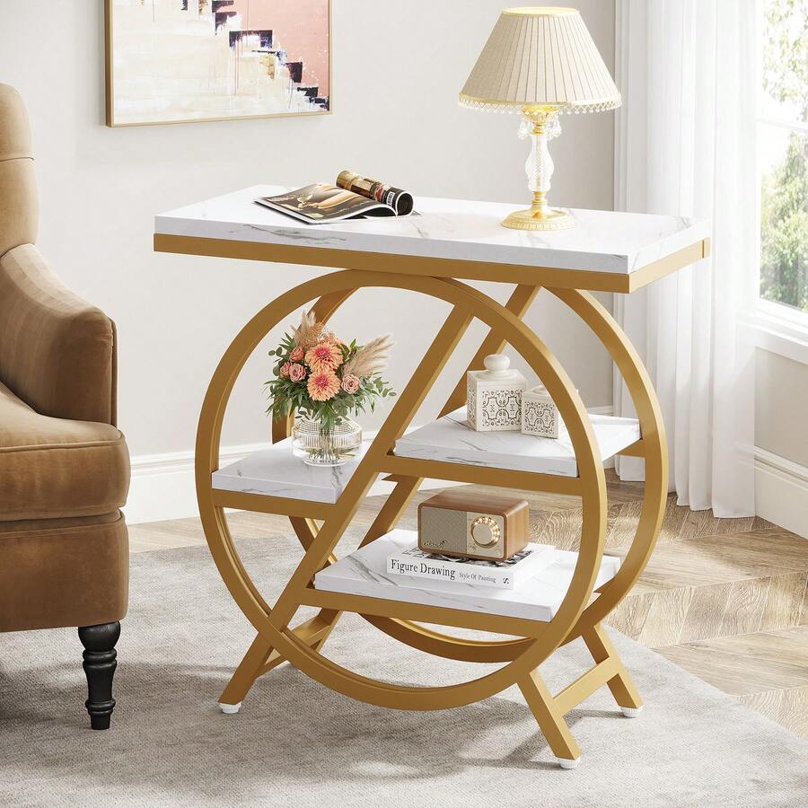 LITTLE TREE Industrial Side Table, 4-Tiered Faux Marble End Table With Storage, Narrow Wooden Sofa Coffee Table With Geometric Metal Frame, Modern Nightstand And Console Table For Living Room, Home Office, And Bedroom, Gold And White - 金色和白色 - 查看 1