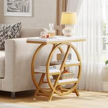 LITTLE TREE Industrial Side Table, 4-Tiered Faux Marble End Table With Storage, Narrow Wooden Sofa Coffee Table With Geometric Metal Frame, Modern Nightstand And Console Table For Living Room, Home Office, And Bedroom, Gold And White - 金色和白色 - 查看 4