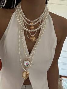 Collar de joyería con cuentas en capas y forma de corazón de estilo vintage europeo y americano - Dorado - Ver 3