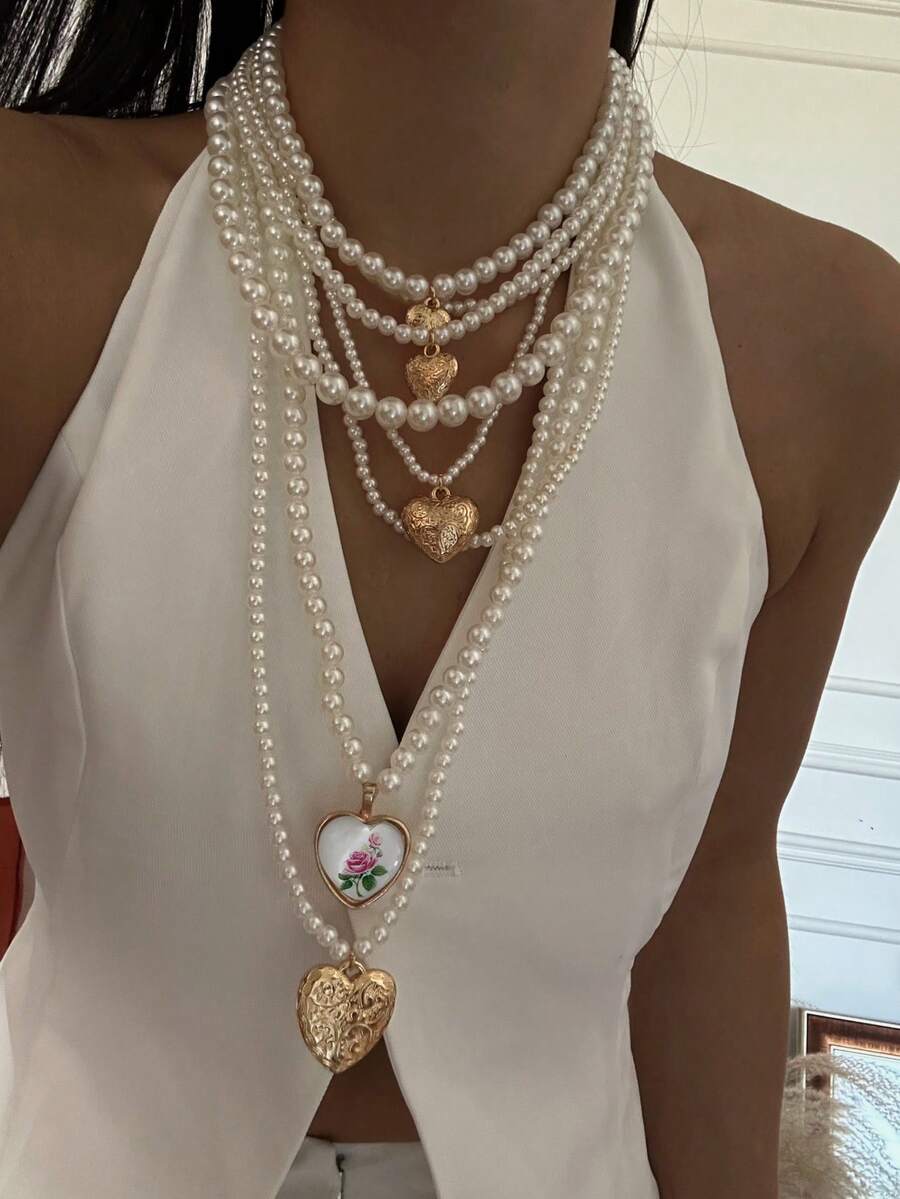 Collar de joyería con cuentas en capas y forma de corazón de estilo vintage europeo y americano