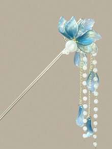 复古风蓝色花朵发夹，尽显高端质感；新款中式仿珍珠流苏摇曳发饰，女士发饰，发夹，头饰，发卡，发髻延长器，发髻制作器，发髻发片，发型设计发夹，发卡，发夹 - 彩色 - 查看 3