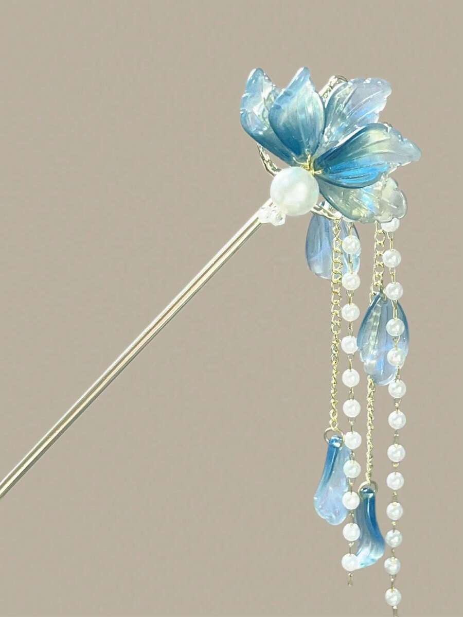 复古风蓝色花朵发夹，尽显高端质感；新款中式仿珍珠流苏摇曳发饰，女士发饰，发夹，头饰，发卡，发髻延长器，发髻制作器，发髻发片，发型设计发夹，发卡，发夹